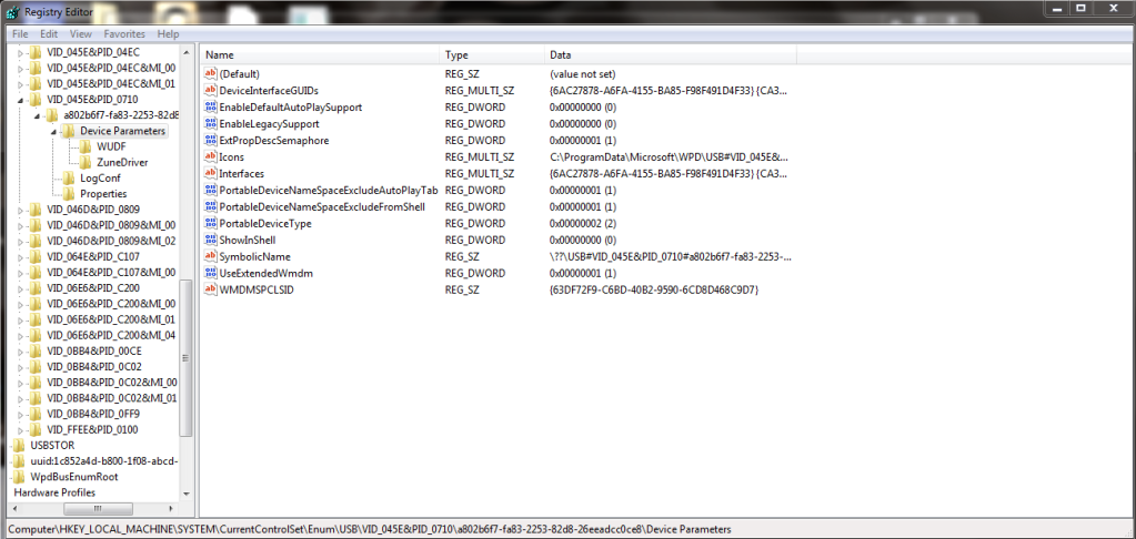 •Change ShowInShell from 0 to 1<- this enable Windows Explorer to show the device when pluged in •Change PortableDeviceNameSpaceExcludeFromShell from 1 to 0