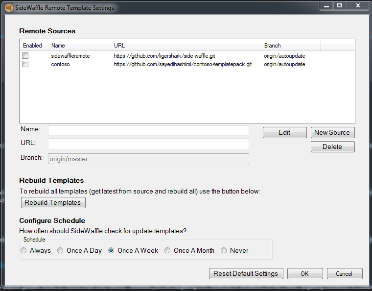 SideWaffle Settings dialog