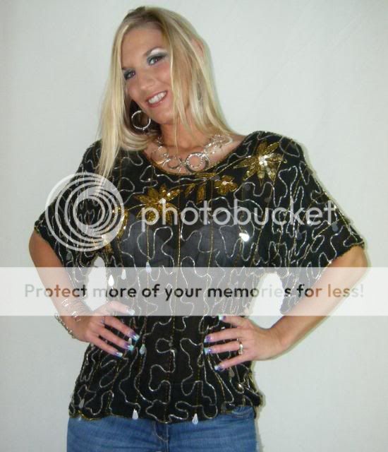 Vintage Sheer Sequins Queen SILK Beaded Gold Sparkle Blouse Top Jumper 